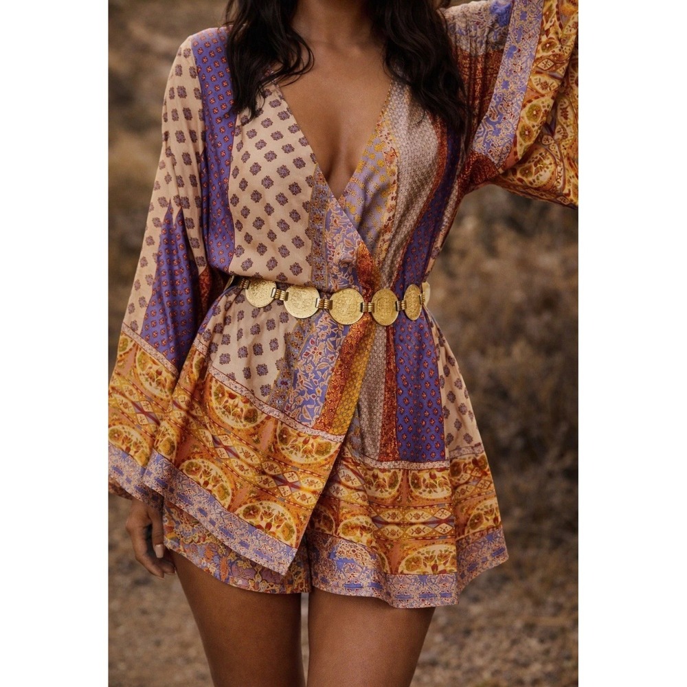 NWT 12th Tribe Satin Kimono Dress Gold Multicolor Open Flowy Size S No Belt Boho